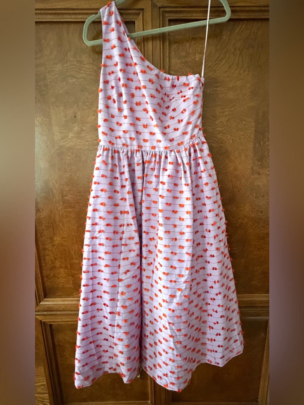 J. Crew Lavender Dress with Bright Orange Tufted Detail, side zipper and pockets